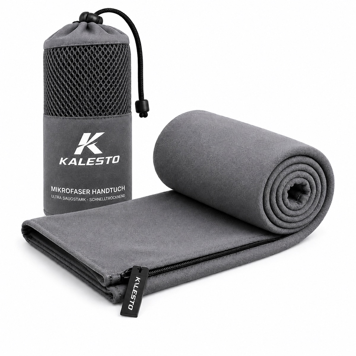 Kalesto Microfiber Sports Towel XXL in grey – with zip pocket